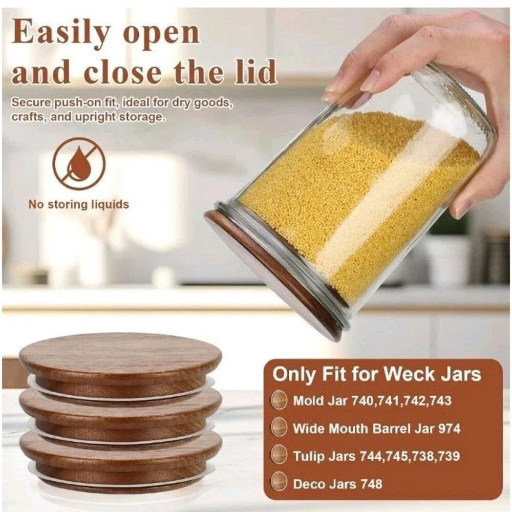 2 Pack Wooden Jar Lids with Silicone Seal Round Replacement Bamboo Style New